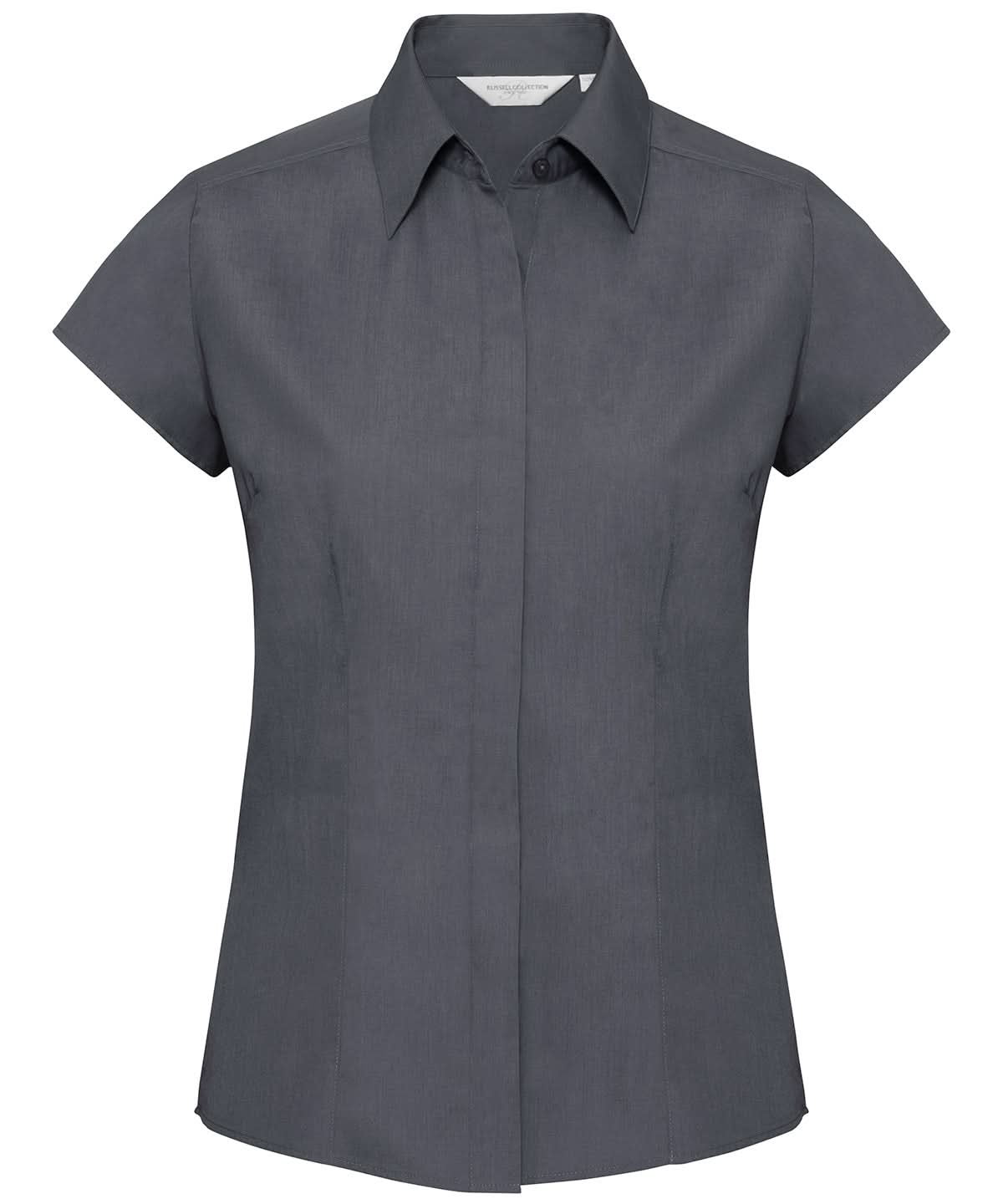 Russell Collection Womens cap sleeve polycotton easycare fitted poplin shirt J925F - Convoy Grey - Customisable Shirts