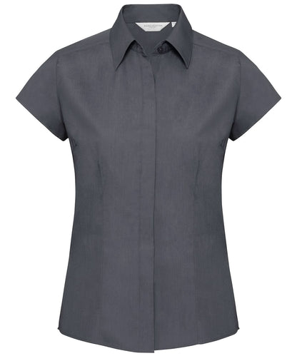 Russell Collection Womens cap sleeve polycotton easycare fitted poplin shirt J925F - Convoy Grey - Customisable Shirts
