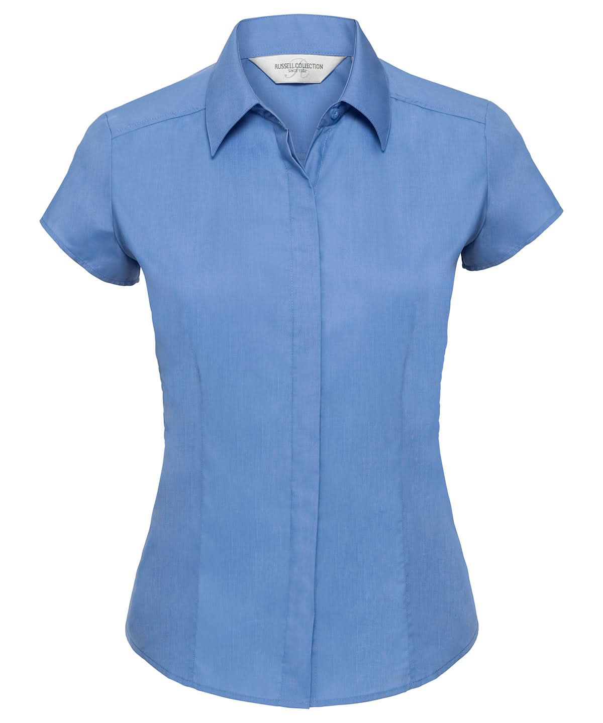 Russell Collection Womens cap sleeve polycotton easycare fitted poplin shirt J925F - Corporate Blue - Customisable Shirts