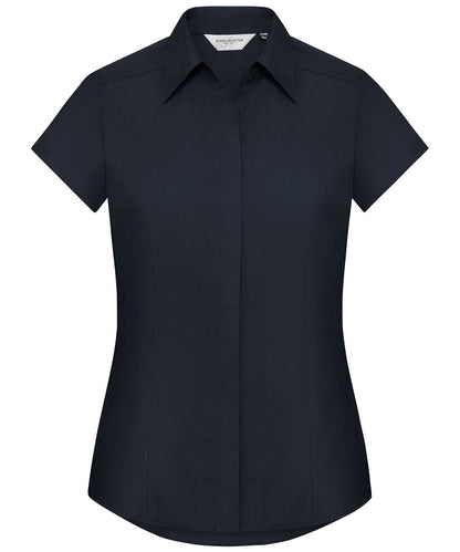 Russell Collection Womens cap sleeve polycotton easycare fitted poplin shirt J925F - French Navy - Customisable Shirts