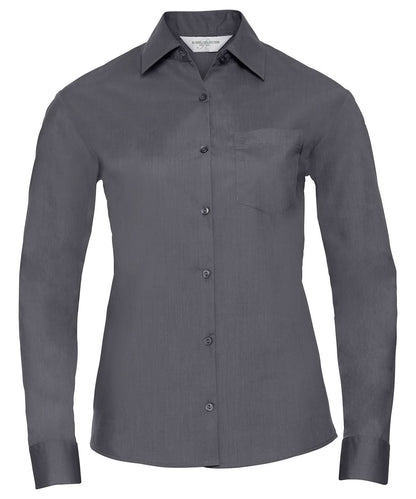 Russell Collection Womens long sleeve polycotton easycare poplin shirt J934F - Convoy Grey - Customisable Shirts