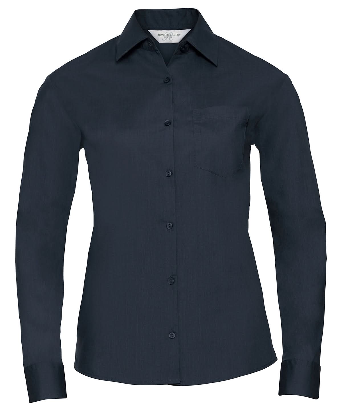 Russell Collection Womens long sleeve polycotton easycare poplin shirt J934F - French Navy - Customisable Shirts
