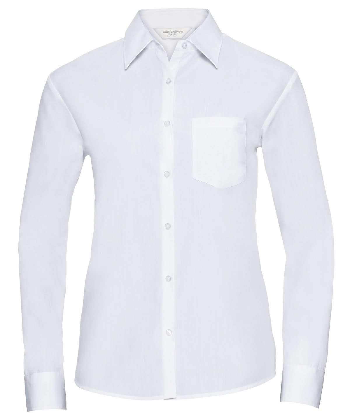 Russell Collection Womens long sleeve polycotton easycare poplin shirt J934F - White - Customisable Shirts