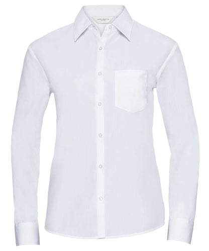 Russell Collection Womens long sleeve polycotton easycare poplin shirt J934F - White - Customisable Shirts