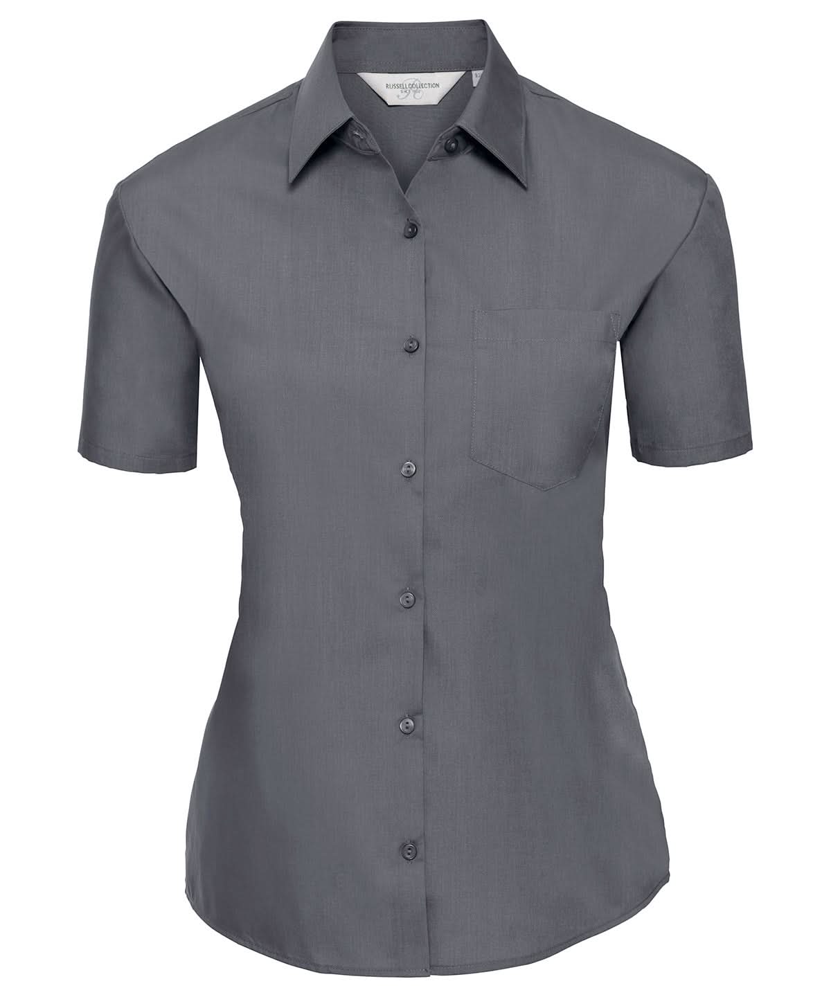 Russell Collection Womens short sleeve polycotton easycare poplin shirt J935F - Convoy Grey - Customisable Shirts