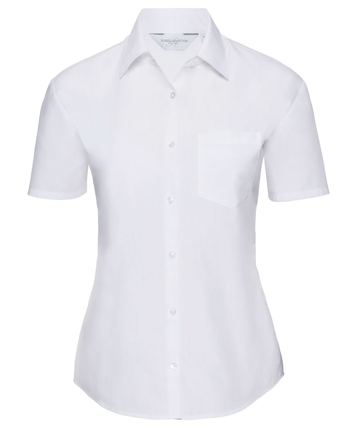 Russell Collection Womens short sleeve polycotton easycare poplin shirt J935F - White - Customisable Shirts