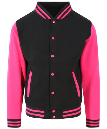 AWDis Just Hoods Varsity jacket JH043 - Jet Black Hot Pink - Customisable Jackets