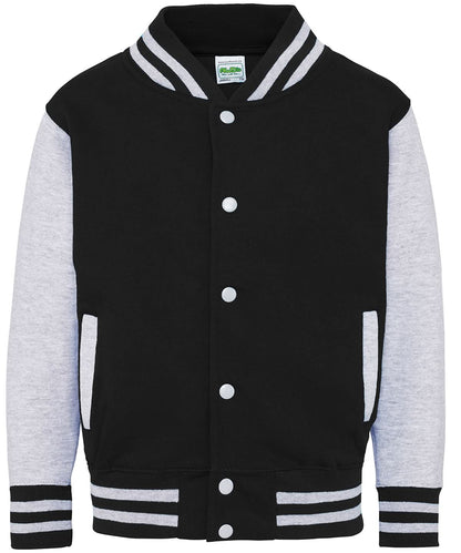 AWDis Just Hoods Kids varsity jacket JH43J - Jet Black Heather Grey - Customisable Jackets