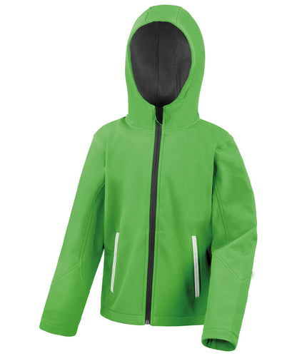 Result Core Core junior TX performance hooded softshell jacket R224J - Vivid Green Black - Customisable Softshell Jacket