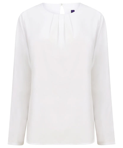 Henbury WomenS Pleat Front Long Sleeve Blouse HB598 - White - Customisable Blouses