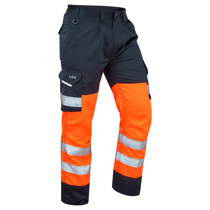 Leo Bideford EcoViz Hi-Vis Cargo Trousers CT01 - Hv Orange Navy - Customisable Hi Vis Trousers