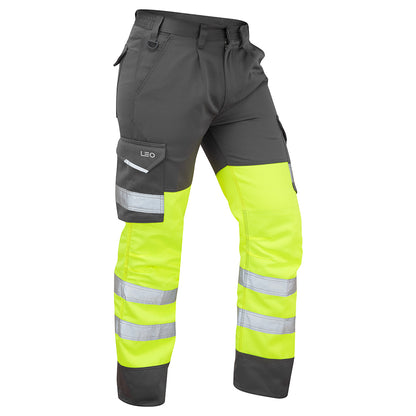 Leo Workwear Bideford EcoViz Yellow/ Grey Cargo Trouser CT01 - HV YELLOW GREY - Customisable Hi-Vis Shorts &amp; Trousers