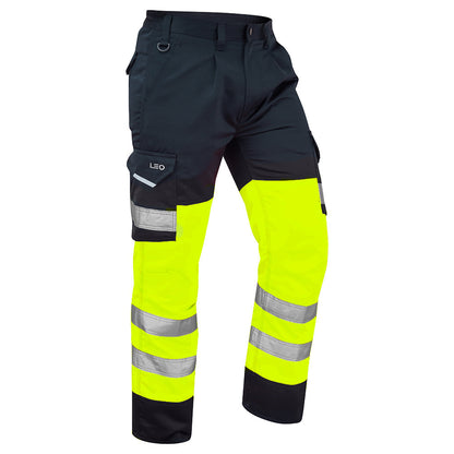 Leo Workwear Bideford EcoViz Yellow/ Navy Cargo Trouser CT01 - HV YELLOW NAVY - Customisable Hi-Vis Shorts &amp; Trousers