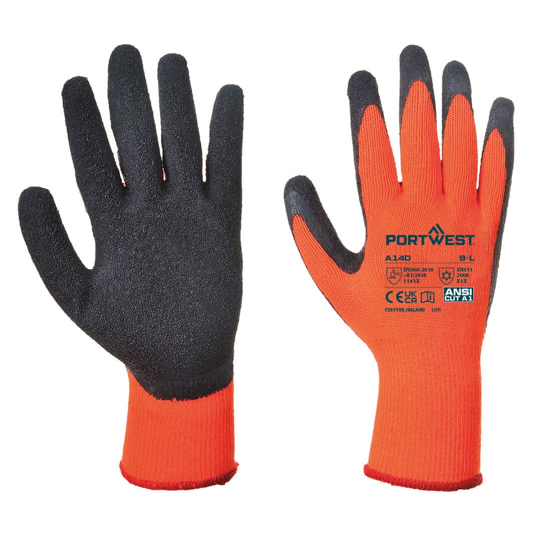 Portwest Thermal Grip Glove Latex A140 - Orange Black - Customisable Hand Protection