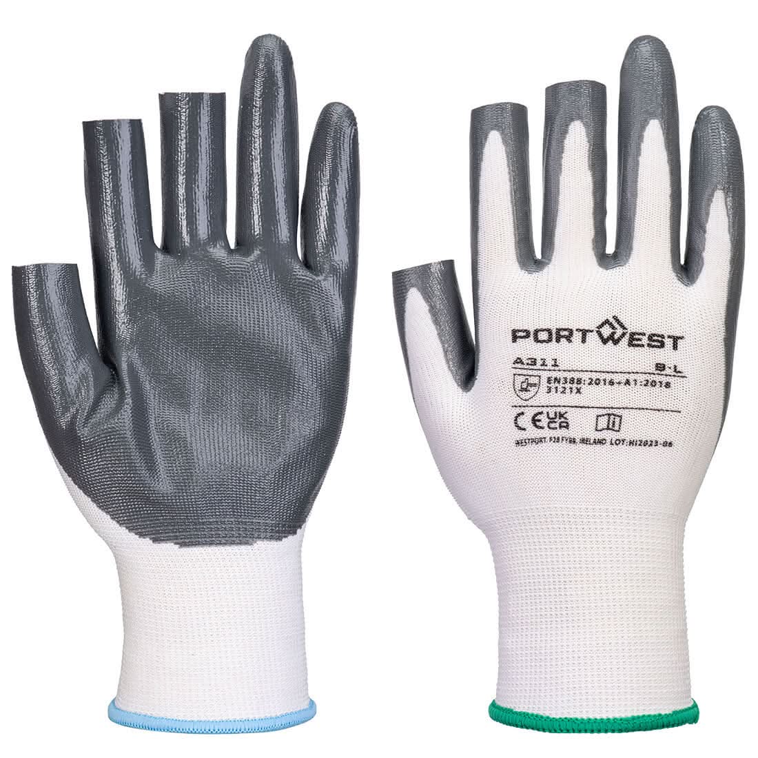 Portwest Grip 13 Nitrile 3 Fingerless Glove Pk12 A311 - White Grey - Customisable Hand Protection