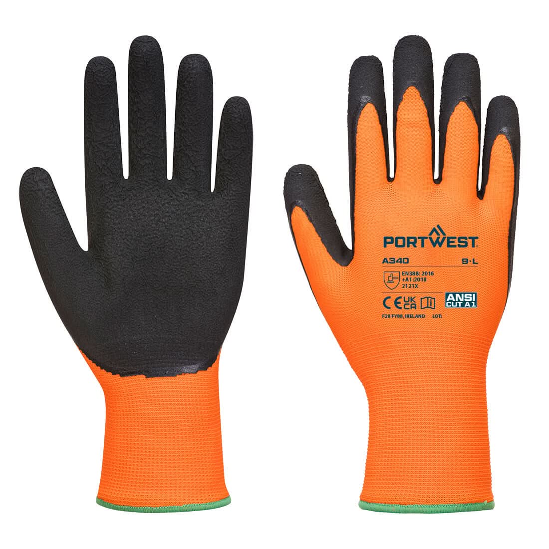 Portwest Hi Vis Grip Glove Latex A340 - Orange Black - Customisable Hand Protection