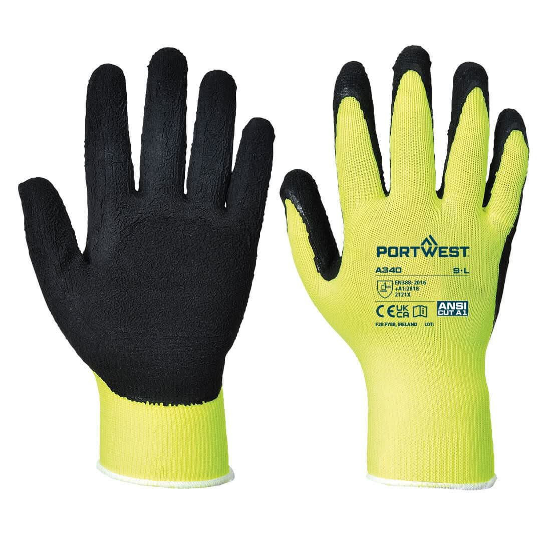 Portwest Hi Vis Grip Glove Latex A340 - Yellow - Customisable Hand Protection