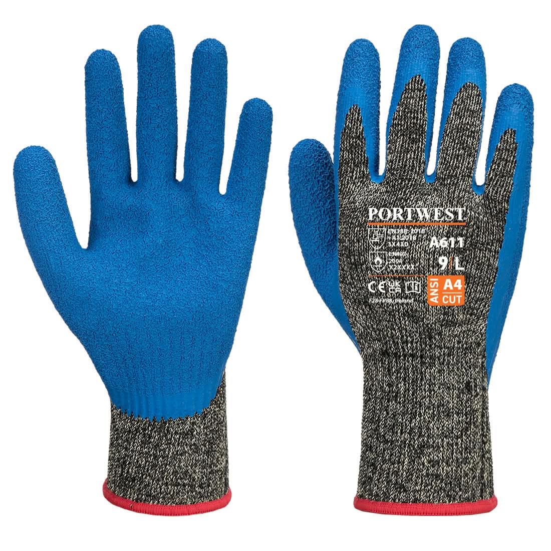 Portwest Cut D10 Aramid Latex Glove A611 - Black Blue - Customisable Hand Protection