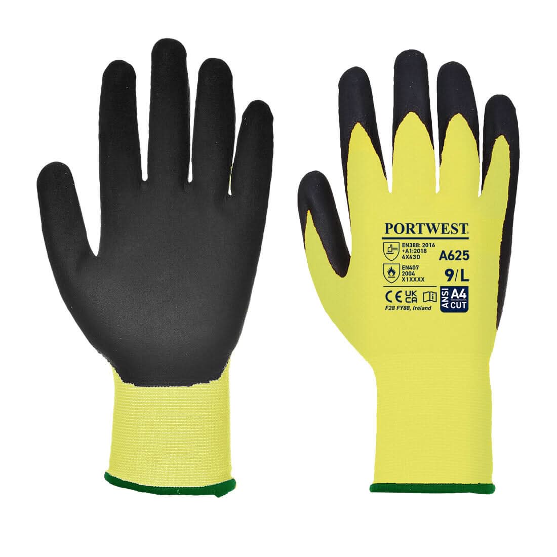 Portwest Cut D13 Pu Viz Tex Glove A625 - Yellow Black - Customisable Hand Protection