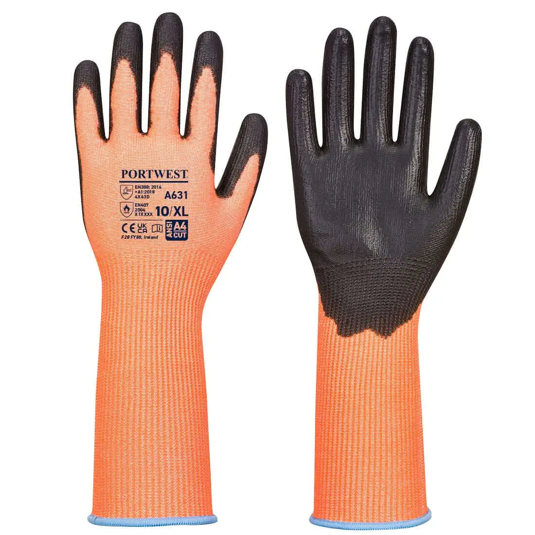 Vis Tex Cut Glove Long Cuff A631 - Orange Black - Customisable Cut Resistant Gloves
