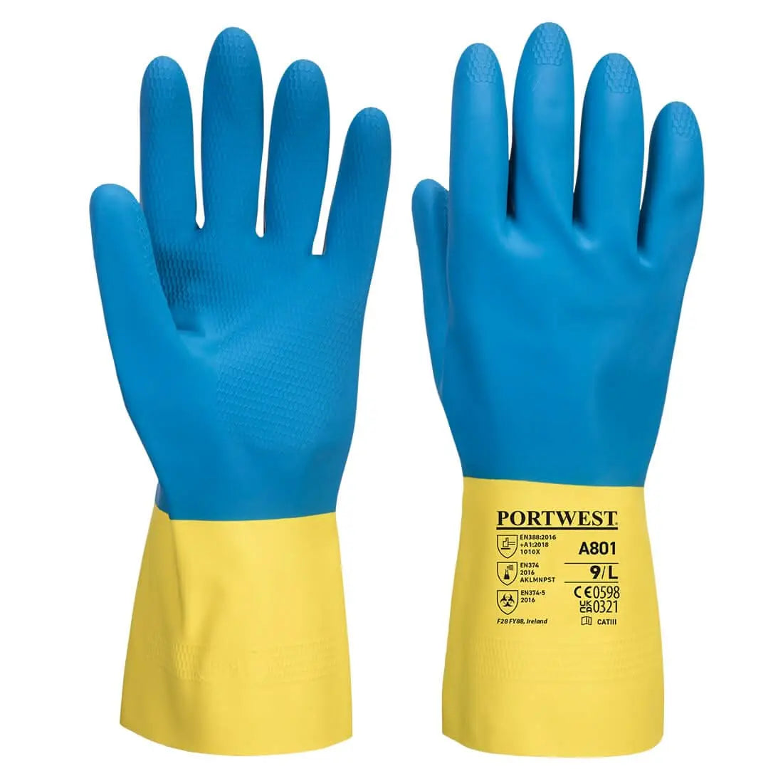 Chem 300 Latex Double Dipped Gauntlet A801 - Yellow Blue - Customisable Chemical Gloves