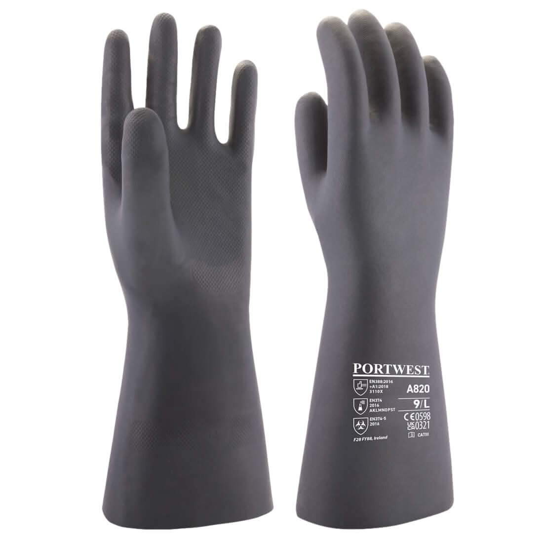 Portwest Neoprene Chemical Gauntlet A820 - Black - Customisable Hand Protection