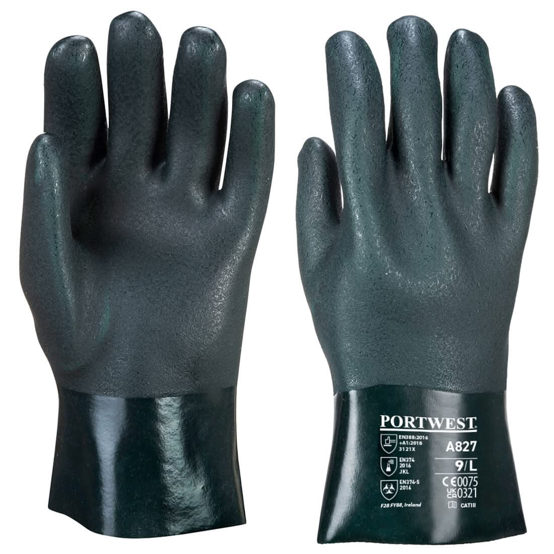 Portwest Double Dipped Pvc Gauntlet 27Cm A827 - Green XL - Customisable Hand Protection