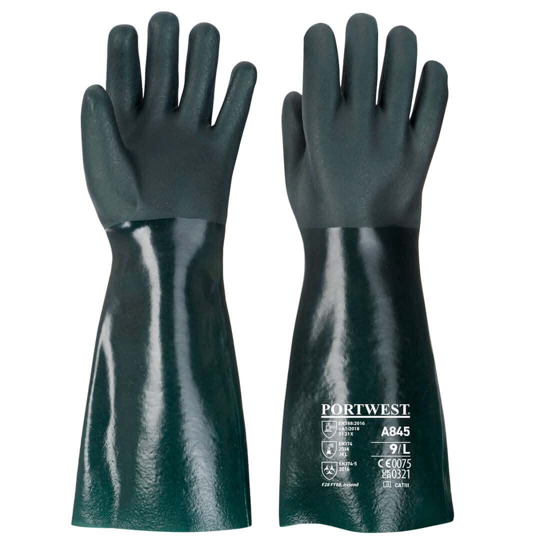 Portwest Double Dipped Pvc Gauntlet 45Cm A845 - Green XL - Customisable Hand Protection