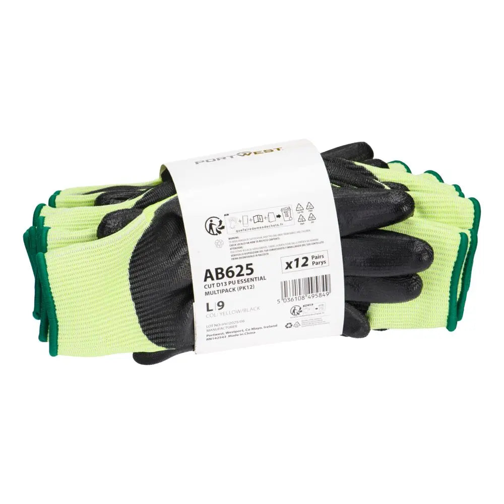 Cut D13 Pu Essential Multipack (Pk12) Ab625 - Yellow Black - Customisable Cut Resistant Gloves