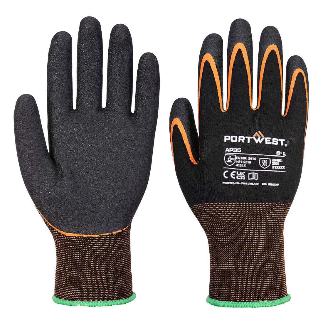 Portwest Grip 15 Nitrile Double Palm Glove AP35 - Black Orange - Customisable Hand Protection