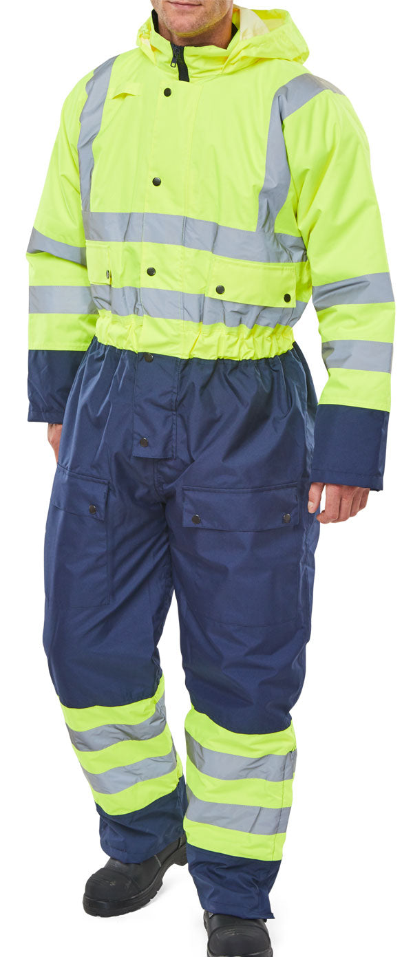 Beeswift Thermal Two Tone Hi Vis Waterproof Overall - Saturn Yellow Navy - Customisable Coveralls