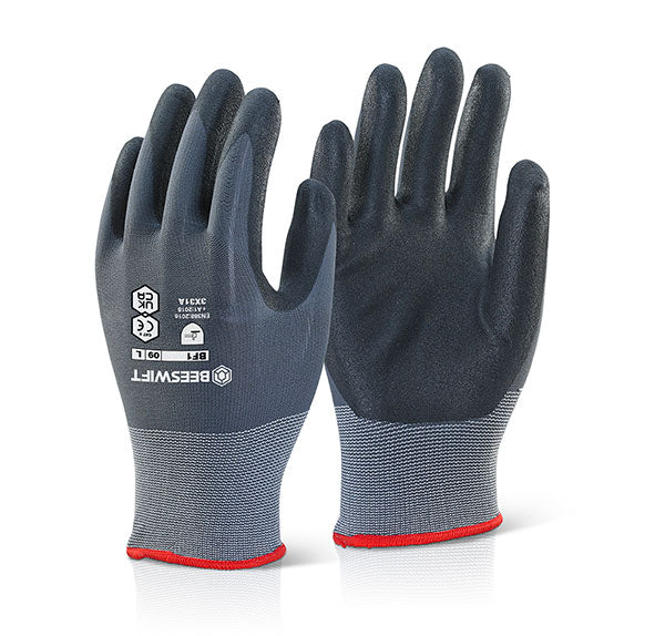 Beeswift Nitrile Pu Mix Coated Gloves - Black Grey - Customisable Nitrile