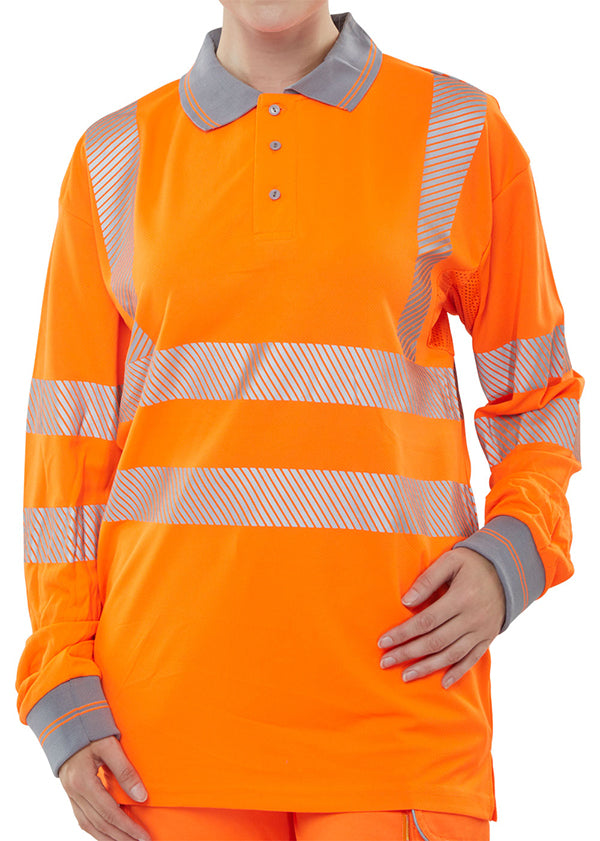 Beeswift Executive Hi Vis Long Sleeve Rail Polo Shirt - Orange - Customisable Polo Shirts