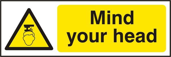 Beeswift Mind Your Head Sign - White Yellow 300X100MM - Customisable Hazard Signs