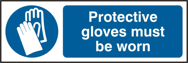 Beeswift Gloves Must Be Worn Rigid Pvc Sign - White Blue 300X100MM - Customisable Mandatory Signs