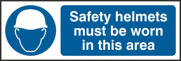 Beeswift Safety Helmets Must Be Worn Sign - White Blue 300X100MM - Customisable Mandatory Signs