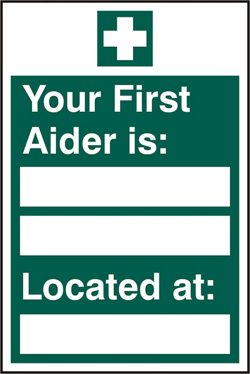 Beeswift First Aider Located Sign Self Adhesive - Green 200X300MM - Customisable First Aid Signs