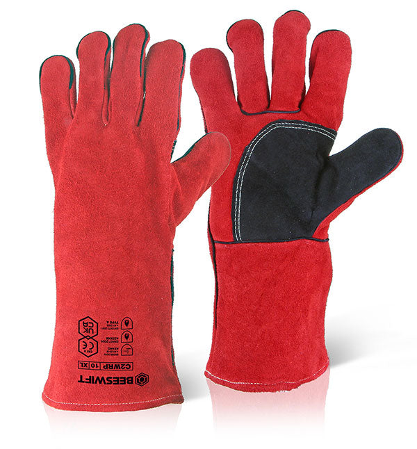Beeswift Welders Gauntlet Gloves &quot; Reinforced Palm - Red 14&quot; - Customisable Welders Gauntlets