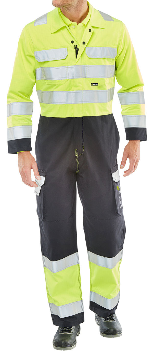 Beeswift Arc Compliant Hi Vis Boilersuit - Saturn Yellow Navy - Customisable Boilersuits
