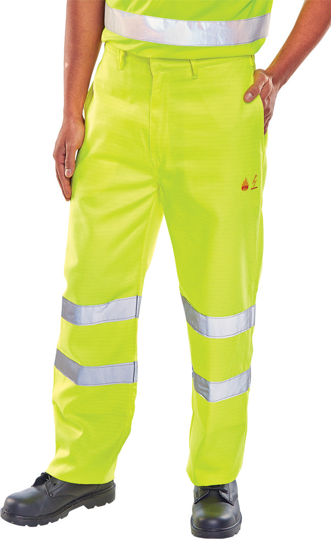 Beeswift Tesla Fire Retardant Hi Vis Anti Static Trousers - Saturn Yellow - Customisable Trousers