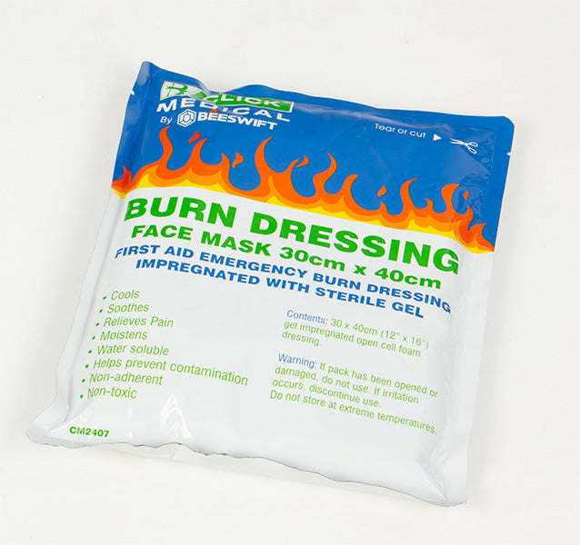 Click Medical Click Medical Emergency Face Mask Burn Gel Dressing X Cm - White Blue 30 X 40CM - Customisable Burns