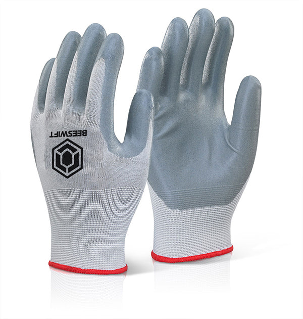 Beeswift Nitrile Foam Polyester Gloves - Grey - Customisable Nitrile