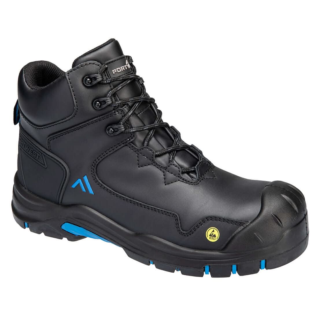 Portwest Composite Action Leather Mid Boot S3S Esd Hro Sr Sc Fo FC18 - Black Blue - Customisable Boots
