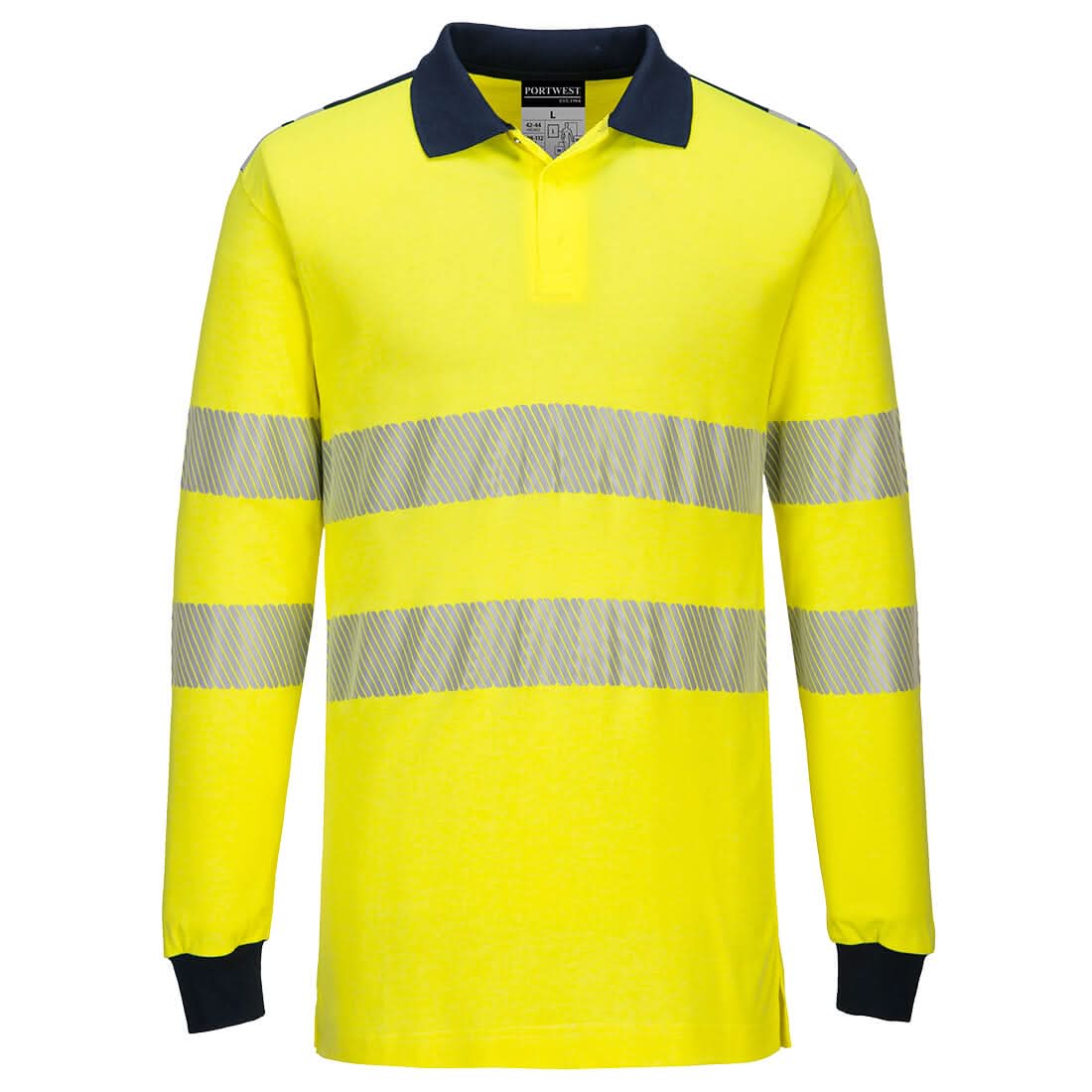 Portwest Pw3 Modaflame Knit Hi Vis Fr Long Seeve Polo Shirt FR702 - Yellow Navy - Customisable Hi-Vis Polos