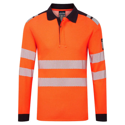 Pw3 Modaflame Knit Hvo Fr Long Sleeve Polo Shirt Fr734 - Orange Navy - Customisable Polo Shirts