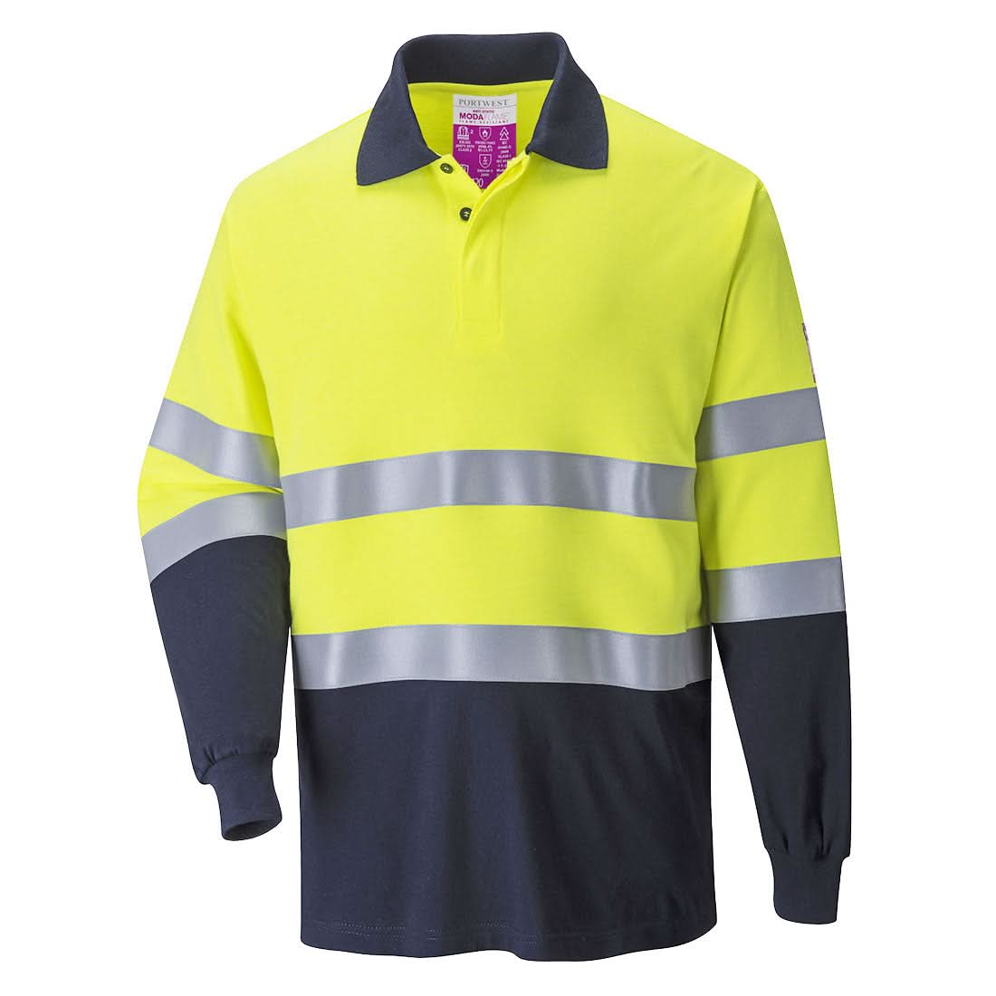 Portwest Modaflame Knit Anti Static Two Tone Fr Polo Shirt FR74 - Yellow Navy - Customisable Polos