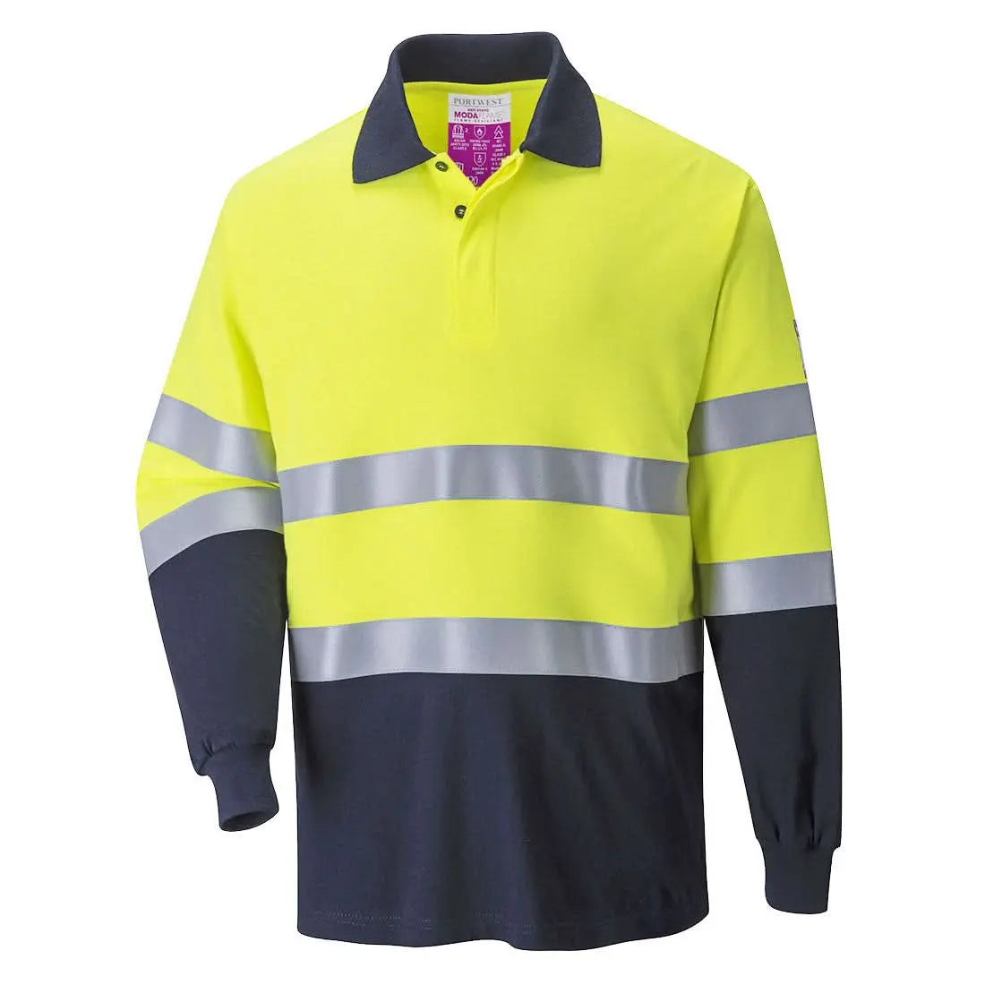 Modaflame Knit Hi Vis Constrast Fr Long Sleeve Polo Shirt Fr74 - Yellow Navy - Customisable Polo Shirts