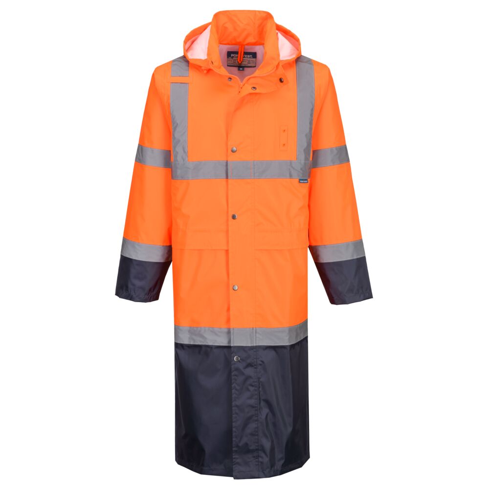 Hi Vis Contrast Raincoat 122cm H446 - Orange Navy - Customisable Rain Jackets