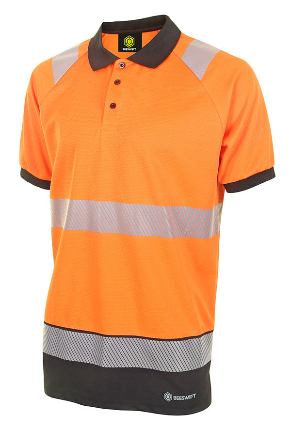 Deltic Beeswift Deltic Hi Vis Two Tone Short Sleeve Polo Shirt - Orange Black - Customisable Polo Shirts