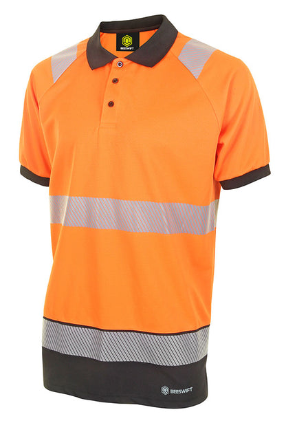 Deltic Beeswift Deltic Hi Vis Two Tone Short Sleeve Polo Shirt - Orange Black - Customisable Polo Shirts